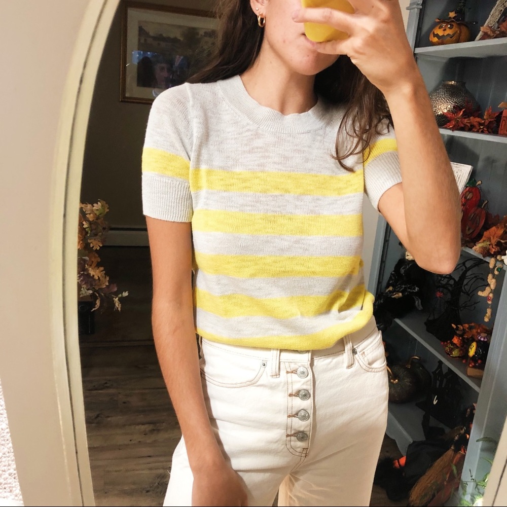 J.Crew Gray & Yellow Stripe Short Sleeve Sweater